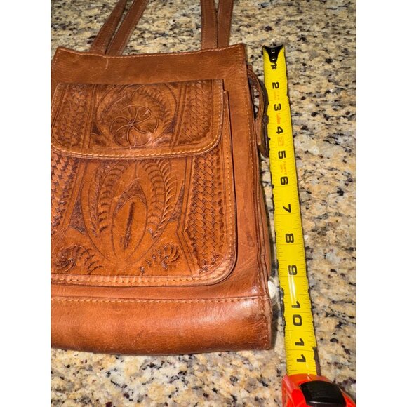 Vintage Handcrafted Congac Tooled Leather Shoulder Bag Floral Design Hippie - Picture 6 of 14